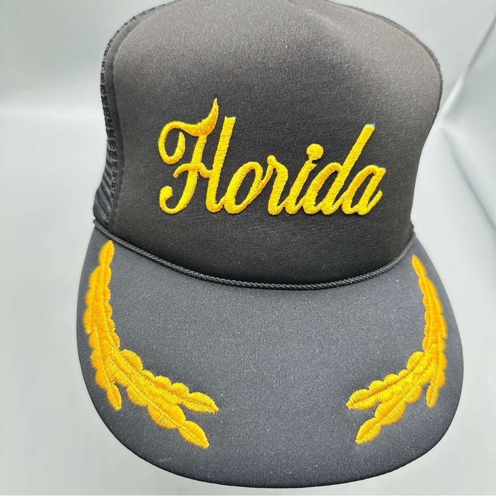 Vintage Florida Black Trucker Hat – Snapback Mesh Cap with Gold Embroidery –
